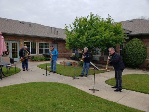 Members of the Texas Saxophone Quartet perform a socially distanced concert at Spring Creek Plano April 17. (Courtesy Texas Saxophone Quartet)