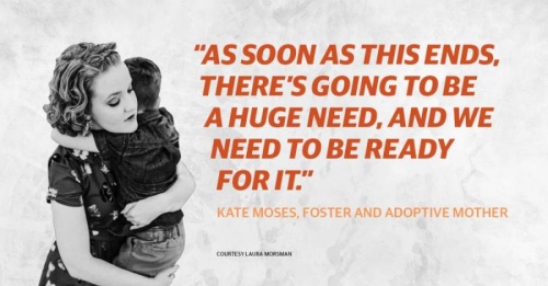 A photo of Kate Morsman with her son with a quote that reads, "As soon as this ends, there's going to be a huge need, and we need to be ready for it."