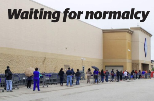 The Sam’s Club grocery line in the Katy area is out the door as social distancing is in effect. (Jen Para/Community Impact Newspaper)