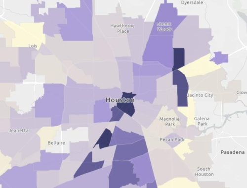 Some neighborhoods are seeing higher rates of COVID-19, a city of Houston mapping tool shows, as indicated by the dark purple shading. (Courtesy Houston Health Department)