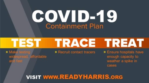 One day after Gov. Greg Abbott announced his plan to begin reopening Texas on May 1, Harris County Judge Lina Hidalgo unveiled a three-pronged approach to continue slowing the spread of COVID-19 as businesses begin to reopen: "Test, Trace, Treat." (Courtesy ReadyHarris)