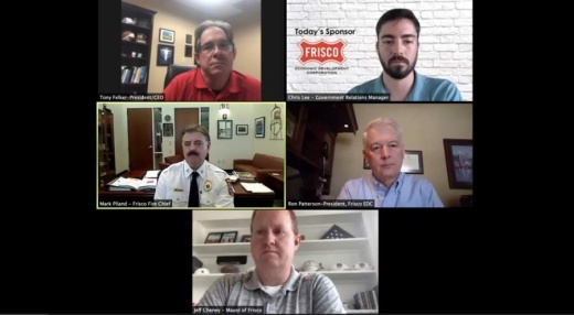 Mayor Jeff Cheney; Ron Patterson, Frisco Economic Development Corp. president; and Frisco Fire Chief Mark Piland discussed the city’s plans and guidelines for reopening at the Frisco Chamber of Commerce’s virtual event April 28. (Courtesy Frisco Chamber of Commerce)