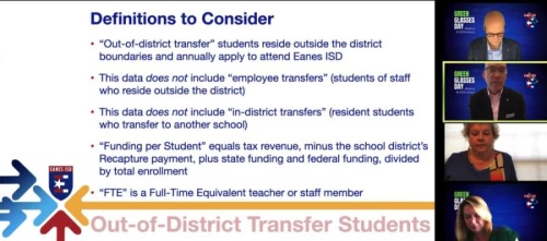 EISD Deputy Superintendent Jeff Arnet presented an overview of projected out-of-district transfer rates for the 2020-21 school year. (Courtesy Eanes ISD)