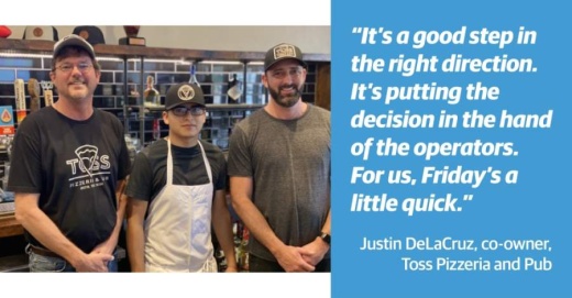 Justin DeLaCruz (right), co-owner of Toss Pizzeria and Pub, said his team needs to take time to put a safe plan in place before opening the dining rooms of the restaurant's two locations. (Brian Rash/Community Impact Newspaper) 
