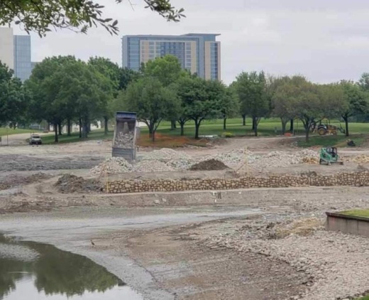 Crews have nearly completed the reconfiguration of the pond at the former J.C. Penney campus. The pond will be shrunk to make room for a Miyako Hotel as well as other new buildings as part of The Campus at Legacy West mixed-use development. (Courtesy Sam Ware/Dreien Opportunity Partners)