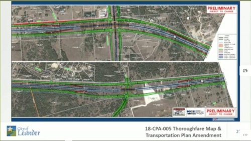 A Texas Department of Transportation schematic, which was provided to the city, includes main lanes and frontage roads. (Screenshot city of Leander)