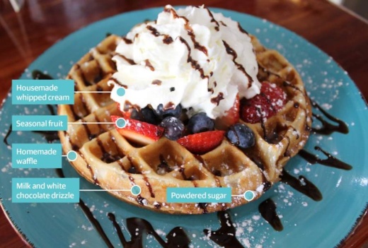 The Awfley Waffley ($9.99) is a homemade waffle topped with fresh seasonal fruit and housemade whipped cream, drizzled with milk and white chocolate and dusted with powdered sugar. (Hannah Zedaker/Community Impact Newspaper)