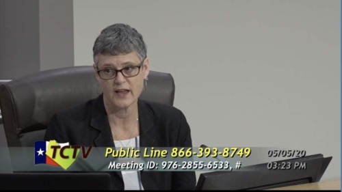 A screen shot of Sarah Eckhardt at a Travis County Commissioners Court Meeting