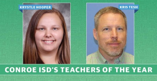 Conroe ISD named two Teachers of the Year during a virtual celebration May 5. (Graphic by Kaitlin Schmidt/Community Impact Newspaper)