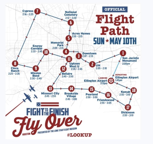 The May 10 flyover flight path includes Pasadena, the San Jacinto Monument, University of Houston—Main Campus, downtown Houston, Memorial Park, Acres Homes, Houston National Cemetery, Cypress, Cinco Ranch, Mission Bend, the Energy Corridor, West University Place, Bellaire, Missouri City, Alvin, Pearland, Friendswood, Dickinson and Kemah. (Courtesy of Lone Star Flight Museum)