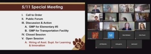 A screen shot from the May 11 Dripping Springs ISD virtual board meeting