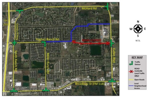 The city of Pearland has made a map of alternate routes while Hughes Ranch Road is closed. (Courtesy city of Pearland)