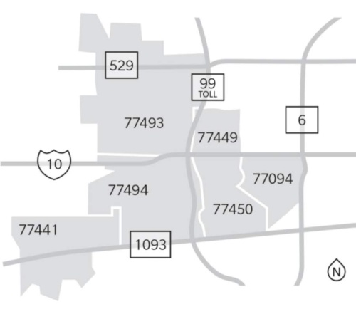 This map indicates the locations of the six Katy-area ZIP codes. (Anya Gallant/Community Impact Newspaper)