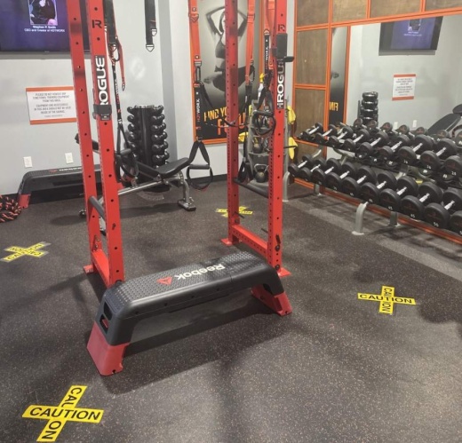 The floor in the weight room at Hotworx has been marked to enforce six-feet distancing, owner Sherry Majecki said. (Courtesy Hotworx)