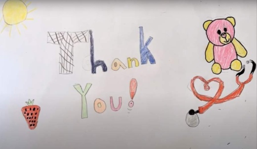 Theiss Elementary School students demonstrated their gratitude towards health care providers and those working on the front lines of the ongoing coronavirus pandemic by participating in a three-week art project directed by the school’s art teacher, Connie Shin. (Screenshot via YouTube)