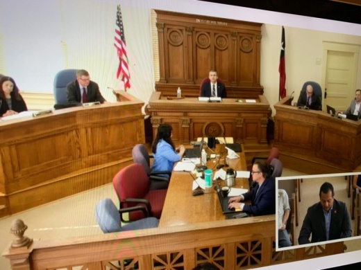 Hays County Commissioner Court members discuss coronavirus testing and contact tracing. (Joe Warner/Community Impact Newspaper)