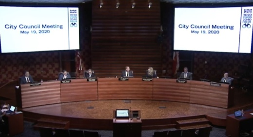 Mayor Pro Tem Will Sowell and Deputy Mayor Pro Tem Shona Huffman took their new seats on either side of Mayor Jeff Cheney during Frisco City Council's May 19 meeting. (Screenshot courtesy city of Frisco)