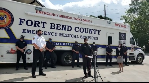 Fort Bend County officials and fire departments announce the launch of the COVID-19 Testing Strike Team at a May 20 press conference. (Screenshot via KP George Facebook live video)