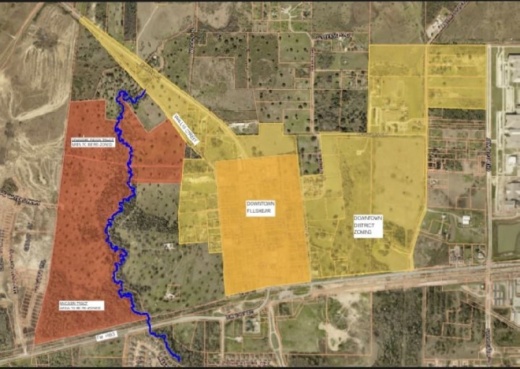 Shaded in red, a mixed-use development is planned for the west side of Fulshear. (Screenshot via Fulshear City Council)
