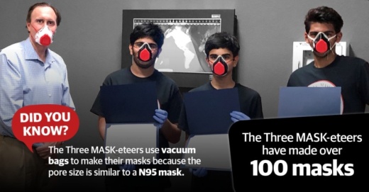 The Three MASK-eteers are one of the student-led groups making masks for the community. (Courtesy Rep. Pete Olson's office; design by Elyssa Turner/Community Impact Newspaper)