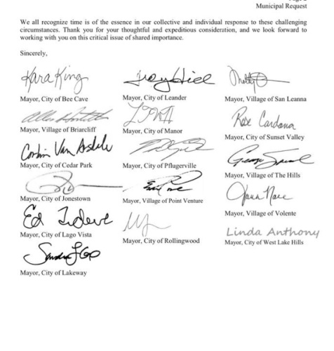 A group of 16 mayors from municipalities within Travis County have signed a letter to County Judge Sam Biscoe requesting a per capita approach to the issue of COVID-19 relief funding. (Screenshot courtesy Kara King)