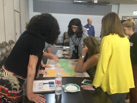 Attendees look over maps of Cypress Creek at the first meeting of the Cypress Creek Watershed Partnership in 2019. The partnership met again May 29 to discuss pollution sources and possible solutions to mitigate them. (Shawn Arrajj/Community Impact Newspaper)