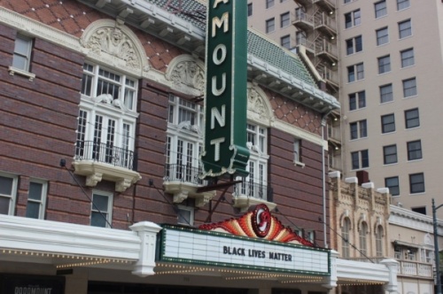 The Paramount Theatre put up a message reading "Black Lives Matter" on its awning as protestors marched in the streets the weekend of May 30-31. (Christopher Neely/Community Impact Newspaper)