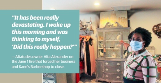 Alta Alexander shows the fire damage at her boutique on East 12th Street, Altatudes. (Photo by Jack Flagler, design by Shelby Savage/Community Impact Newspaper)