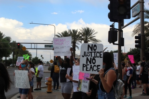 Dozens of protesters gathered in downtown Chandler on June 5 to peacefully protest the death of George Floyd. (Alexa D'Angelo/Community Impact Newspaper)