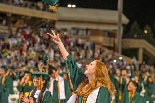 A Cypress Falls High School graduate throws her cap in the air to celebrate at a June 2 ceremony. (Courtesy Cy-Fair ISD)