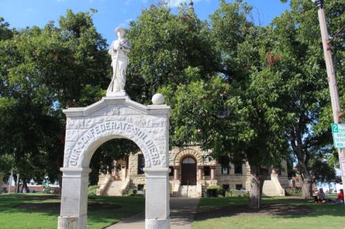 The Confederate memorial outside the Denton County Courthouse-on-the-Square was commissioned by the Daughters of the Confederacy and erected in 1918. (Anna Herod/Community Impact Newspaper)