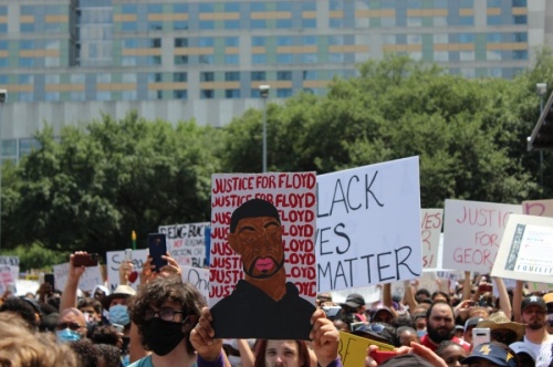 People packed downtown Houston on June 2 to march in memory of former Houston resident George Floyd, who grew up in Houston’s Third Ward. (Adriana Rezal/Community Impact Newspaper)