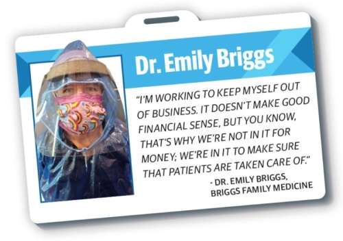 Dr. Emily Briggs wears improvised personal protective equipment to protect herself from the coronavirus. (Photo courtesy Briggs Family Medicine/Community Impact Newspaper)