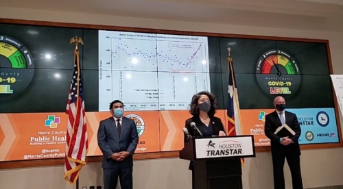 Harris County Judge Lina Hidalgo delivers remarks at a June 11 press conference on a new threat-level system for COVID-19. Hidalgo speaks in front of a graph showing an uptick in patients being hospitalized for COVID-19 over the past two weeks. (Screenshot courtesy Ready Harris)