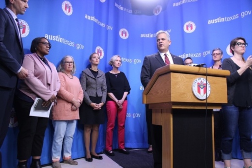Austin Mayor Steve Adler speaks to the media at a press conference March 6 at Austin City Hall. (Jack Flagler/Community Impact Newspaper)