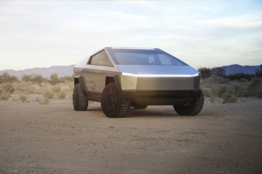 A photo of a Tesla Cybertruck in the desert