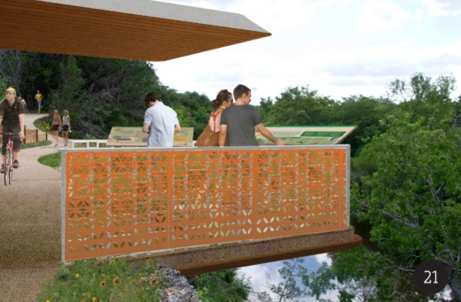 The Heritage Trail West project includes a pedestrian overlook at Memorial Park. A spiral ramp will lead to the top of a bluff with views of Brushy Creek. (Rendering courtesy city of Round Rock)