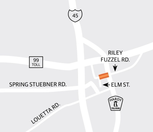 A notice to proceed with construction was issued April 13 on a project to widen Riley Fuzzel Road from a two-lane asphalt roadway to a five-lane concrete paved section with improved drainage between Elm Street and the Hardy Toll Road. (Graphic by Ronald Winters/Community Impact Newspaper) 