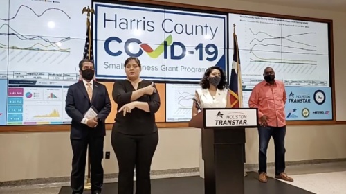 Harris County Judge Lina Hidalgo spoke about the county's continuing response to COVID-19 and a new small-business coronavirus relief program at a July 13 press conference. (Screenshot via Harris County Office of Homeland Security and Emergency Management)