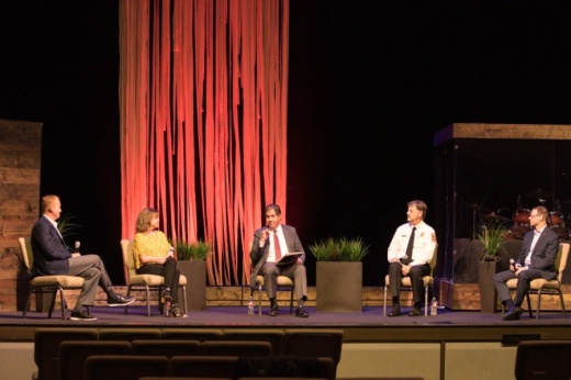Frisco Chamber of Commerce President/CEO Tony Felker moderated a panel made up of Mayor Jeff Cheney, Visit Frisco Executive Director Marla Roe, Frisco Fire Chief Mark Piland and Frisco Economic Development Corp. Vice President Jason Ford during the State of the City event on July 14. (Courtesy Suad Bejtovic Photography)