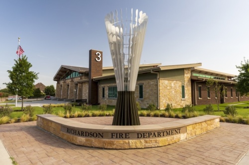 The new Fire Station 3 was part of the city's 2015 bond program. It features a public art piece that is inspired by a vintage fire hose nozzle. (Courtesy city of Richardson)