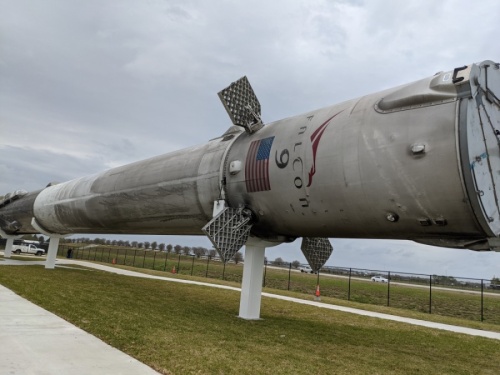 A flown Falcon 9 rocket from SpaceX was put on display at Space Center Houston in March. (Jake Magee/Community Impact Newspaper)