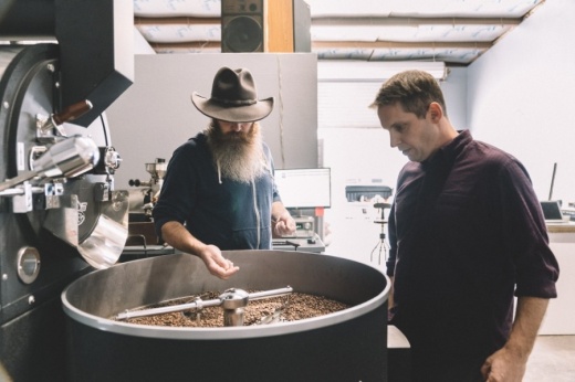 Co-founders Jake Sussman (right) and Alex Noel  prepare a coffee roast. (Courtesy Madrone Mountain Coffee)