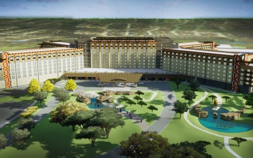 The 350-acre resort complex includes a 223,000 square-foot water park, five restaurants, a hotel and a convention center space. (Rendering courtesy Kalahari Resorts & Conventions)