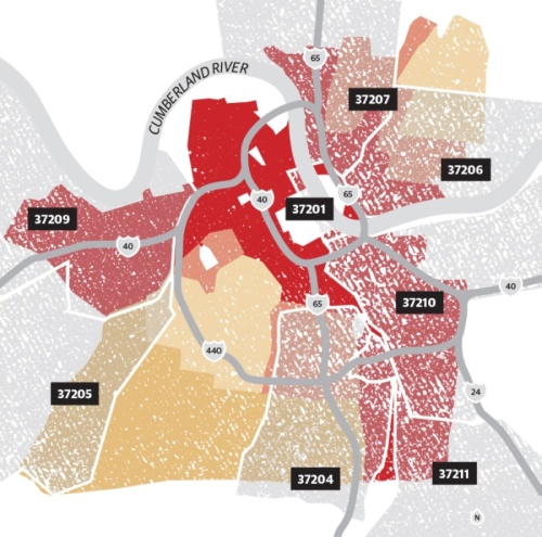 A digitized map of Nashville released by the Digital Scholarship Lab at the University of Richmond shows that the HOLC classified neighborhoods into four categories that were used to determine which individuals would receive home loans—a process called redlining. (University of Richmond/Community Impact Newspaper)