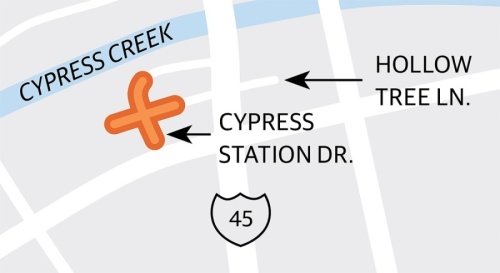 A new traffic signal at Cypress Station Drive and Hollow Tree Lane is still on hold, pending the resolution of utility conflicts. (Graphic by Ronald Winters/Community Impact Newspaper) 