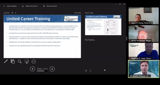 New Braunfels City Council met Aug. 10 and approved a grant for $85,000 to help create and retain 40 jobs in the city. (Screen shot courtesy city of New Braunfels)