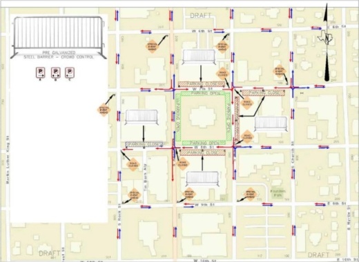 This draft plan shows which parking spaces would remain open and which would be temporarily closed. (Courtesy city of Georgetown)