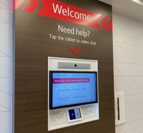 Advanced Centers are not staffed with full-time bankers. Instead, digital greeters assist customers with their transactions or connect them to banking specialists via video conference. (Courtesy Bank of America) 