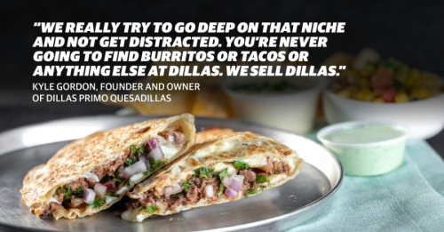 The Lone Star is a bestseller at Dillas, according to founder and owner Kyle Gordon. The quesadilla comes with smoked brisket, red onion, cilantro, barbecue sauce, a cheese blend and jalapeño ranch. (Photo courtesy Dillas Primo Quesadillas; Design by Chelsea Peters/Community Impact Newspaper)